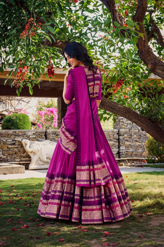 Women Pure Chanderi Plain With Zari Weaving Work Border Stitched Lehenga With Unstitched Blouse Dupatta(Up to 42)