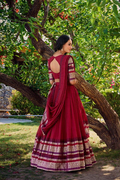 Women Pure Chanderi Plain With Zari Weaving Work Border Stitched Lehenga With Unstitched Blouse Dupatta(Up to 42)