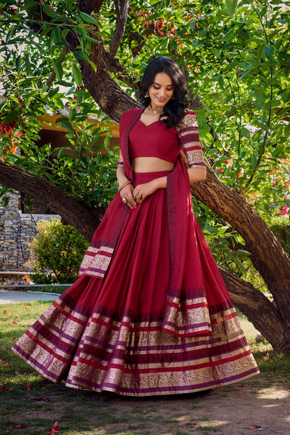 Women Pure Chanderi Plain With Zari Weaving Work Border Stitched Lehenga With Unstitched Blouse Dupatta(Up to 42)