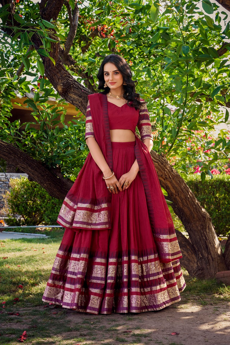 Women Pure Chanderi Plain With Zari Weaving Work Border Stitched Lehenga With Unstitched Blouse Dupatta(Up to 42)