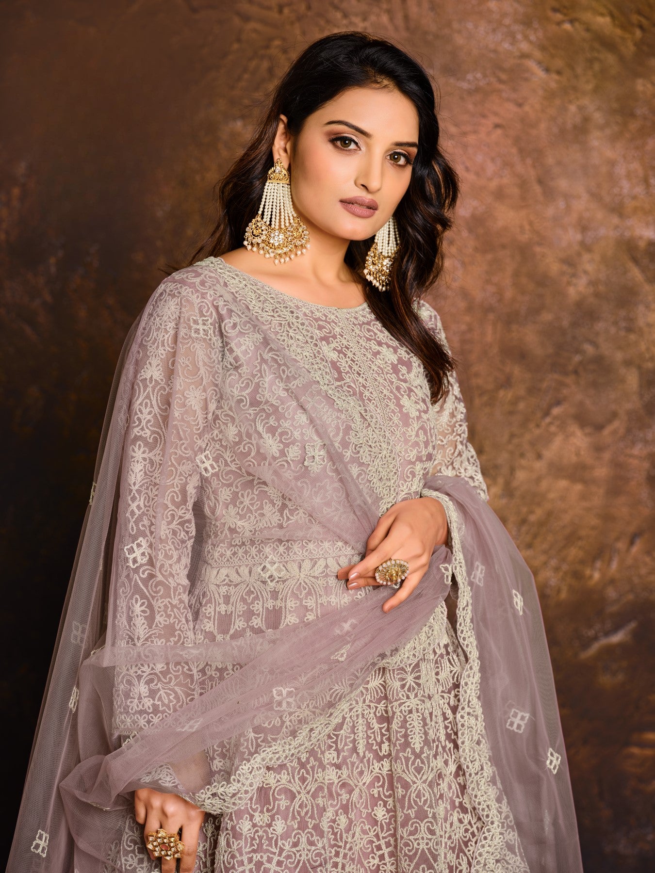 Purple Embroidered Net Semi Stitched Anarkali Suit