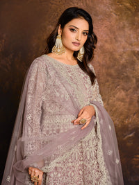 Purple Embroidered Net Semi Stitched Anarkali Suit