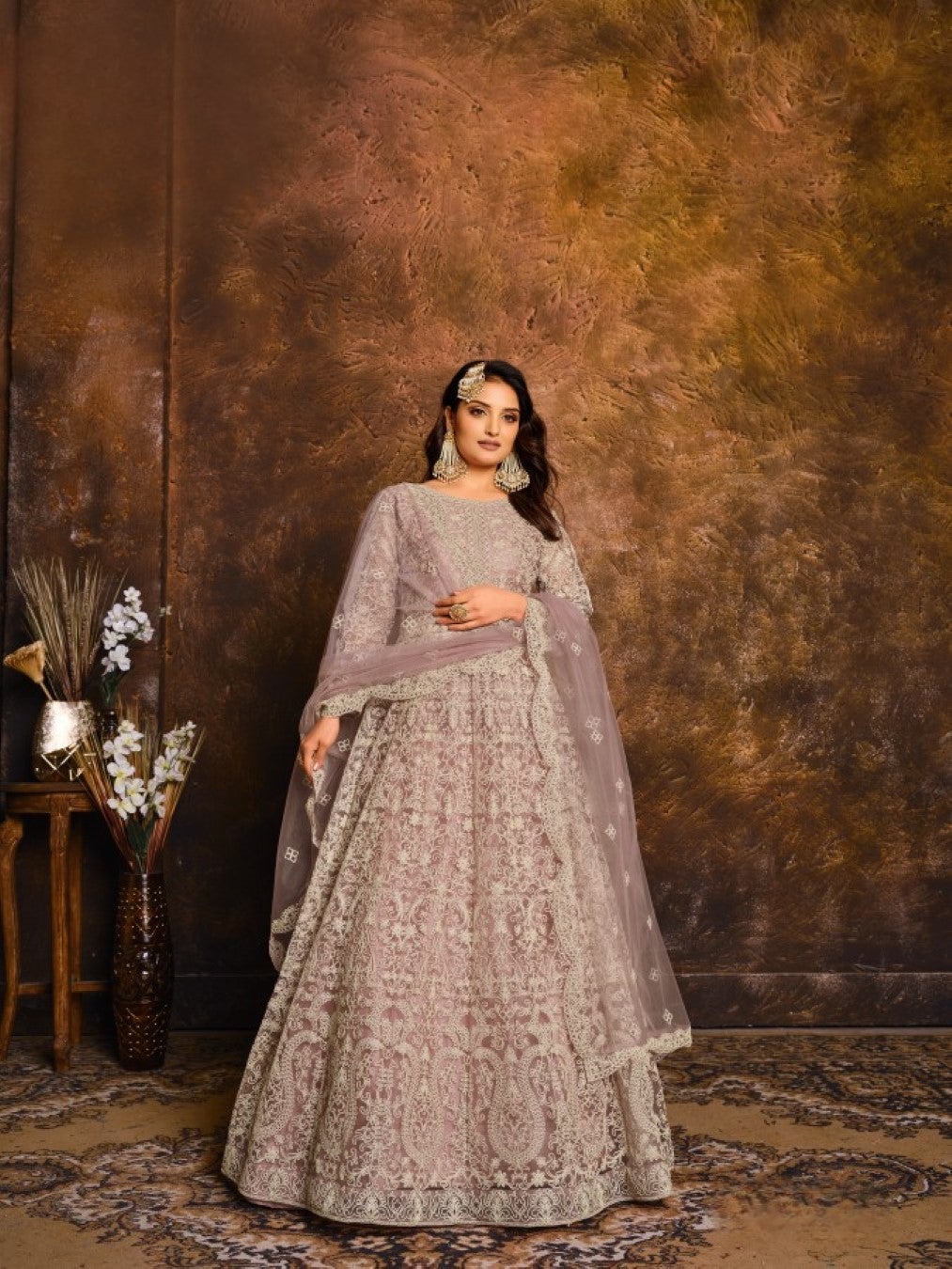 Purple Embroidered Net Semi Stitched Anarkali Suit