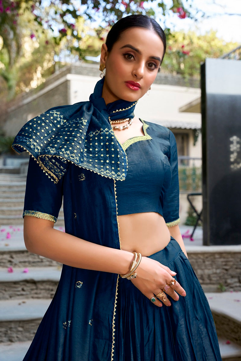 Navyblue Pure Chanderi Plain With Zari Weaving Work Fully Stitched Lehenga,Unstitched Blouse With Dupatta