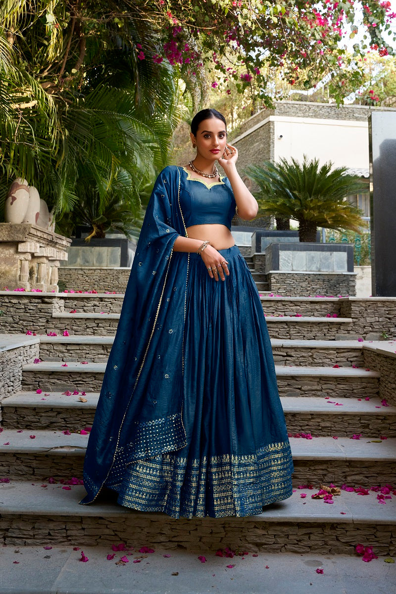 Navyblue Pure Chanderi Plain With Zari Weaving Work Fully Stitched Lehenga,Unstitched Blouse With Dupatta