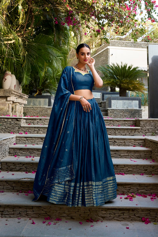 Navyblue Pure Chanderi Plain With Zari Weaving Work Fully Stitched Lehenga,Unstitched Blouse With Dupatta