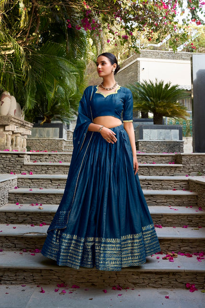 Navyblue Pure Chanderi Plain With Zari Weaving Work Fully Stitched Lehenga,Unstitched Blouse With Dupatta