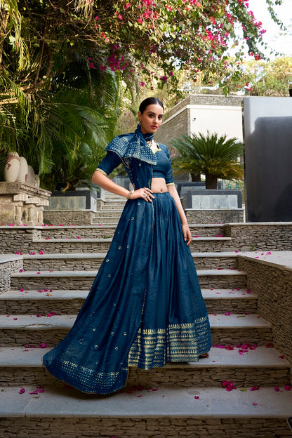 Navyblue Pure Chanderi Plain With Zari Weaving Work Fully Stitched Lehenga,Unstitched Blouse With Dupatta