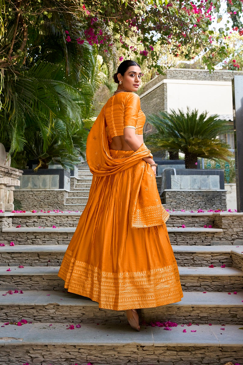 Orange Pure Chanderi Plain With Zari Weaving Work Fully Stitched Lehenga,Unstitched Blouse With Dupatta