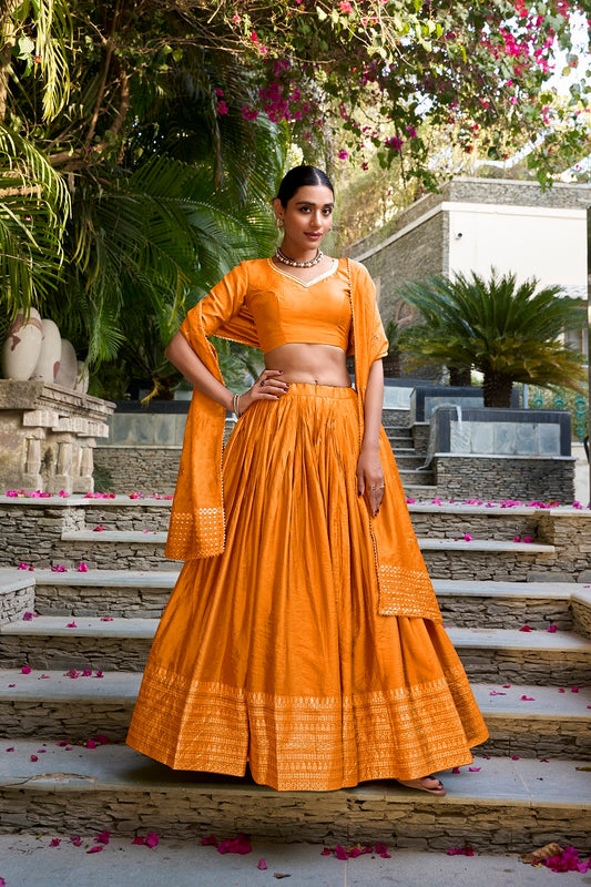 Orange Pure Chanderi Plain With Zari Weaving Work Fully Stitched Lehenga,Unstitched Blouse With Dupatta