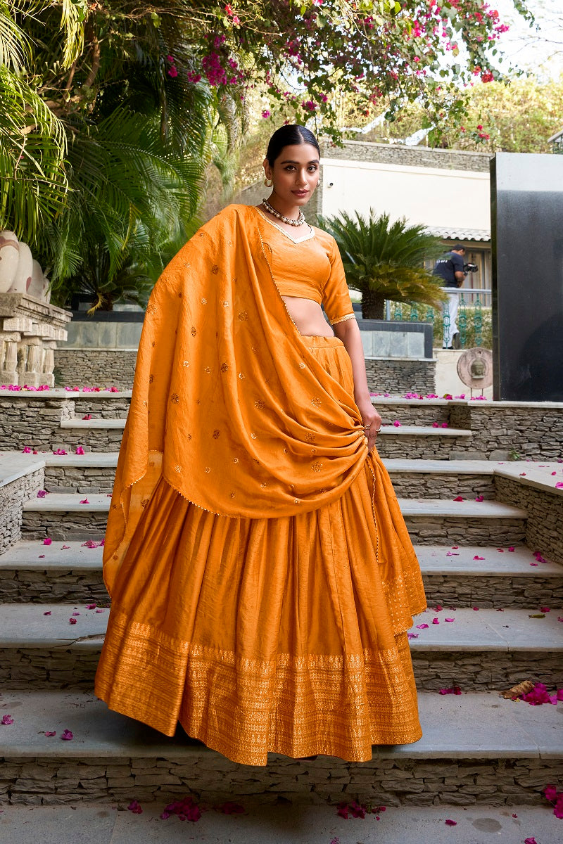 Orange Pure Chanderi Plain With Zari Weaving Work Fully Stitched Lehenga,Unstitched Blouse With Dupatta