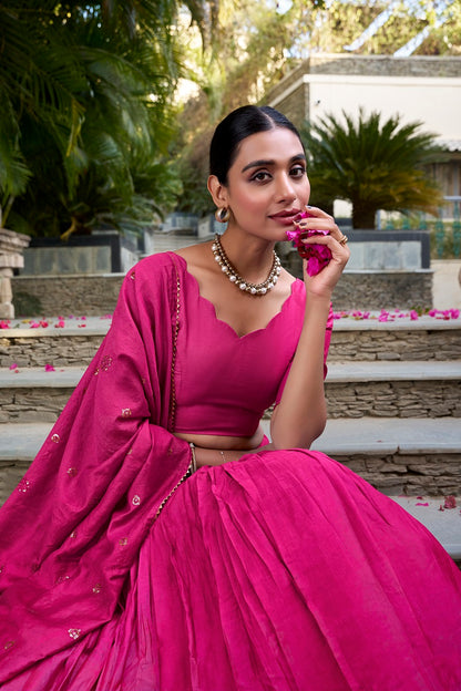 Ranipink Pure Chanderi Plain With Zari Weaving Work Fully Stitched Lehenga,Unstitched Blouse With Dupatta