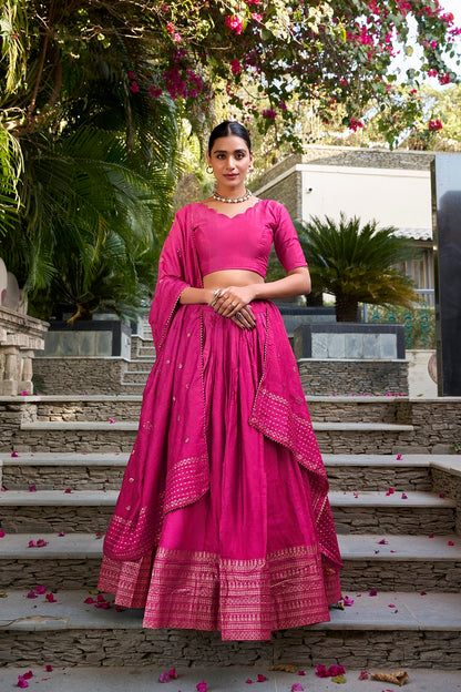 Ranipink Pure Chanderi Plain With Zari Weaving Work Fully Stitched Lehenga,Unstitched Blouse With Dupatta