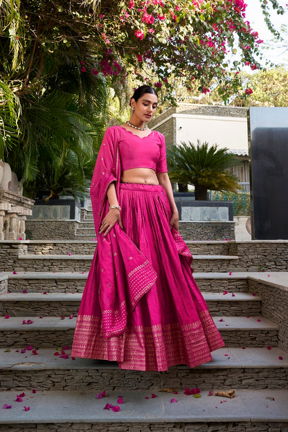 Ranipink Pure Chanderi Plain With Zari Weaving Work Fully Stitched Lehenga,Unstitched Blouse With Dupatta