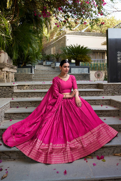 Ranipink Pure Chanderi Plain With Zari Weaving Work Fully Stitched Lehenga,Unstitched Blouse With Dupatta