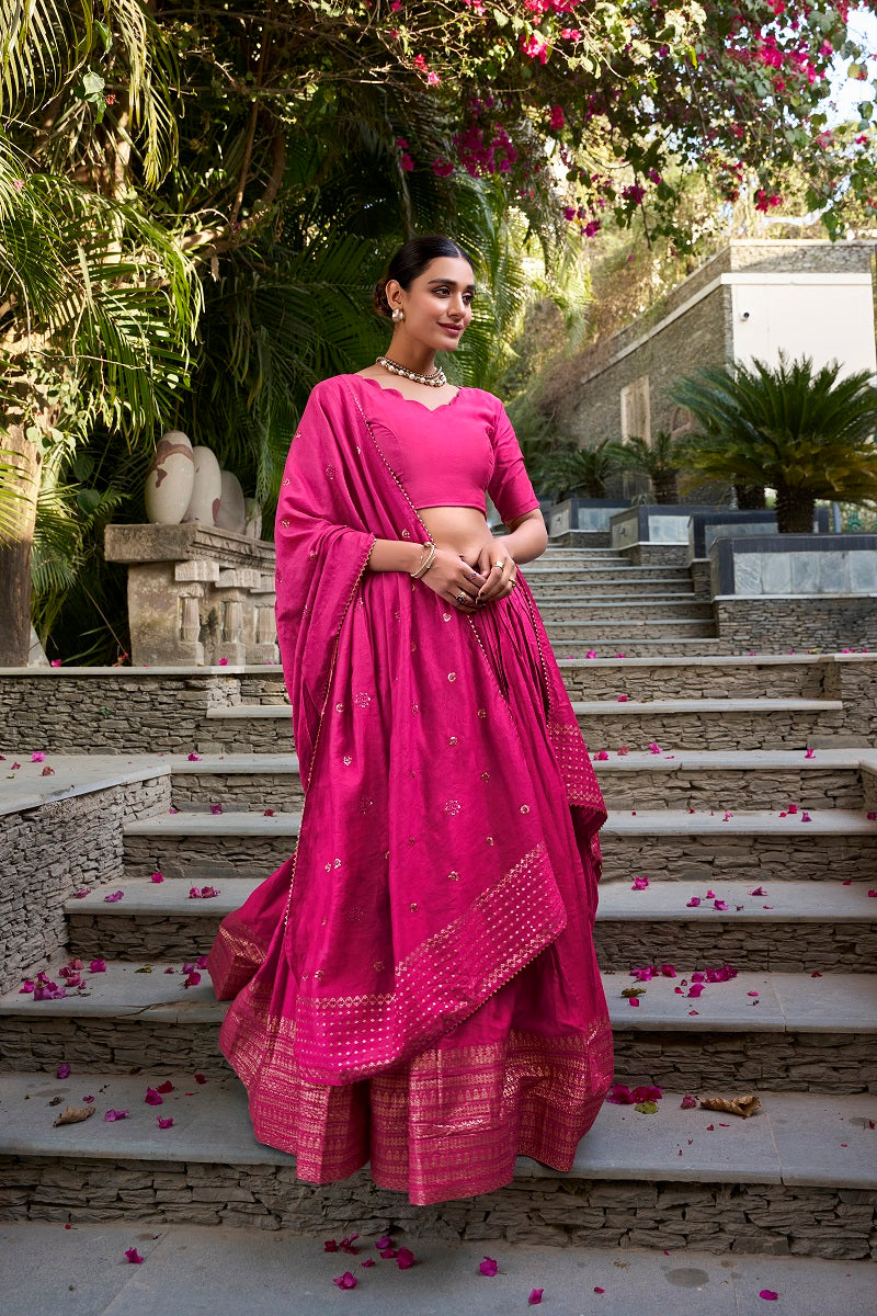 Ranipink Pure Chanderi Plain With Zari Weaving Work Fully Stitched Lehenga,Unstitched Blouse With Dupatta