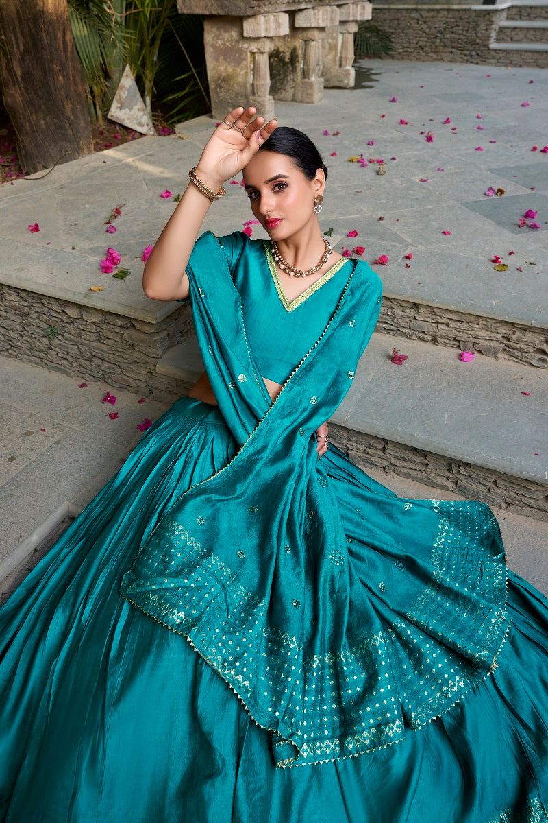 Skyblue Pure Chanderi Plain With Zari Weaving Work Fully Stitched Lehenga,Unstitched Blouse With Dupatta