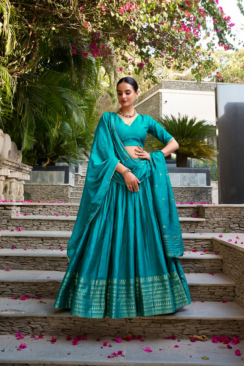 Skyblue Pure Chanderi Plain With Zari Weaving Work Fully Stitched Lehenga,Unstitched Blouse With Dupatta