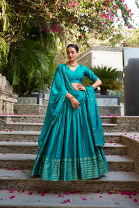 Skyblue Pure Chanderi Plain With Zari Weaving Work Fully Stitched Lehenga,Unstitched Blouse With Dupatta