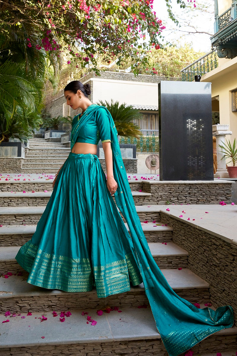 Skyblue Pure Chanderi Plain With Zari Weaving Work Fully Stitched Lehenga,Unstitched Blouse With Dupatta
