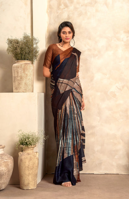 Blue Fabric With Digital Print Saree With Blouse