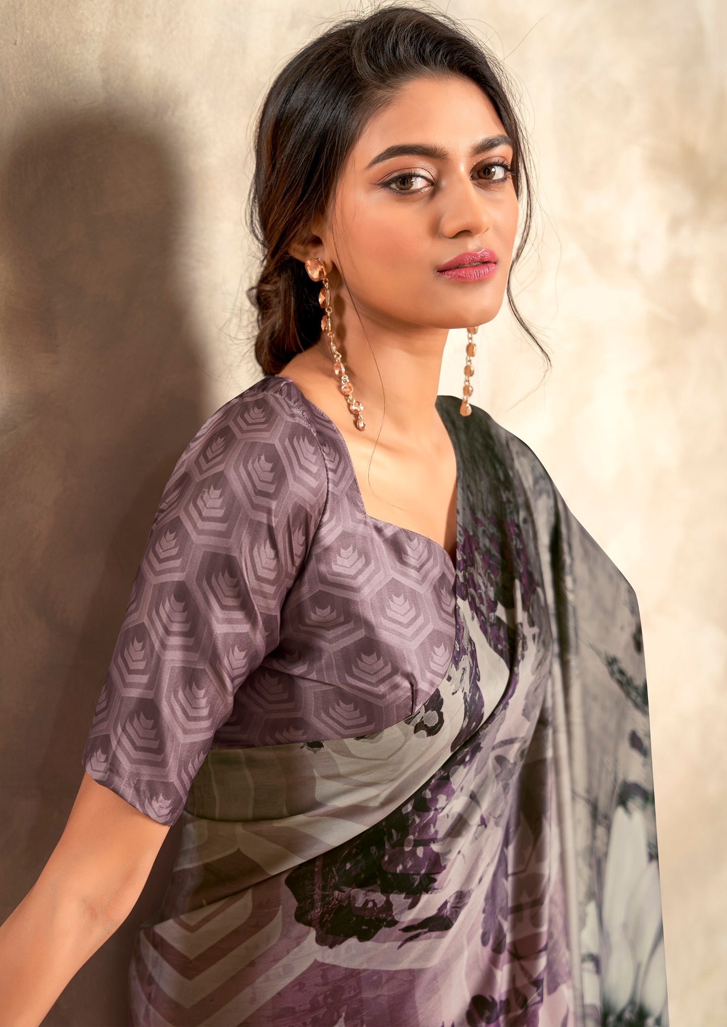 Lavender Soft Sattin Silk With Zari Weaving Saree With Blouse