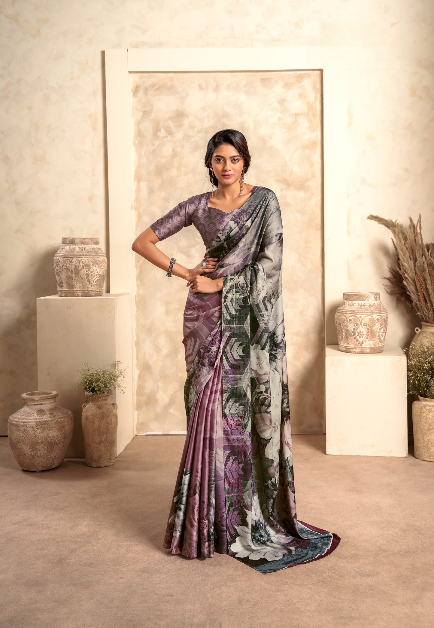 Lavender Soft Sattin Silk With Zari Weaving Saree With Blouse