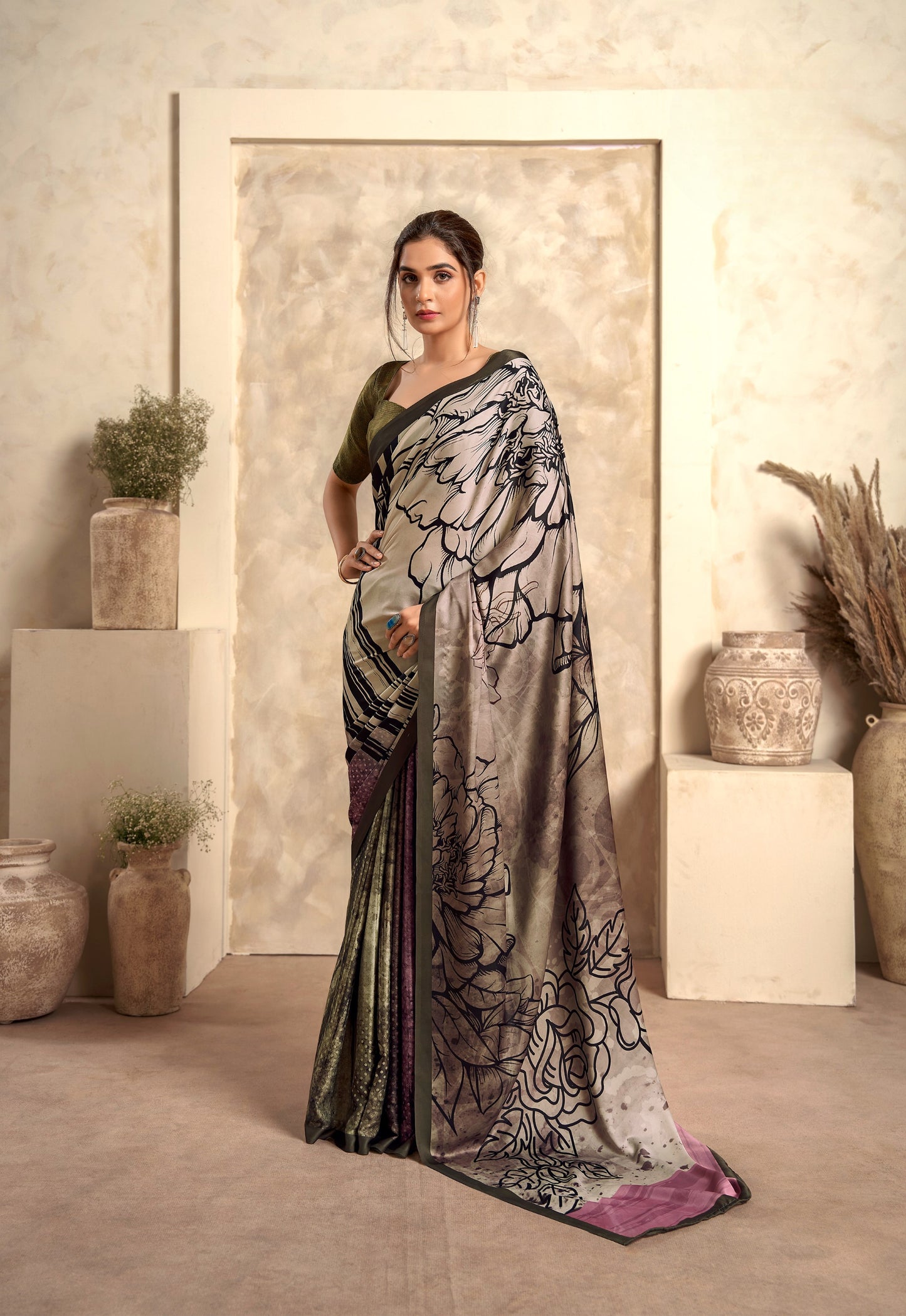 Light brown Soft Sattin Silk With Zari Weaving Saree With Blouse