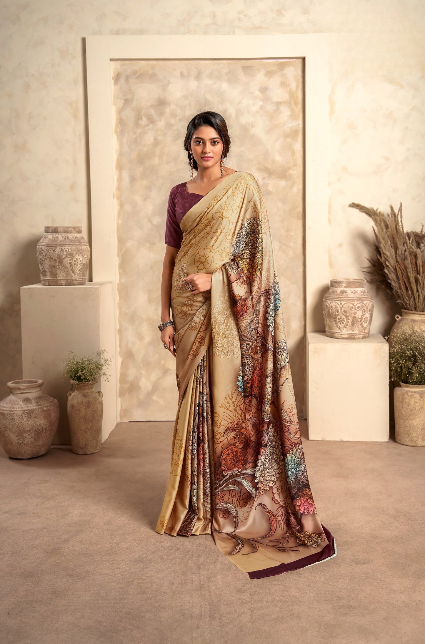 Dark cream Soft Sattin Silk With Zari Weaving Saree With Blouse