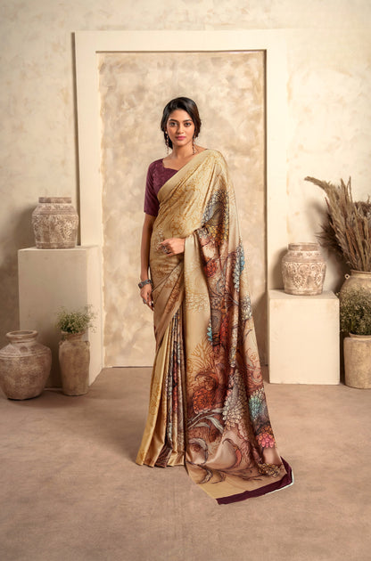 Dark cream Soft Sattin Silk With Zari Weaving Saree With Blouse