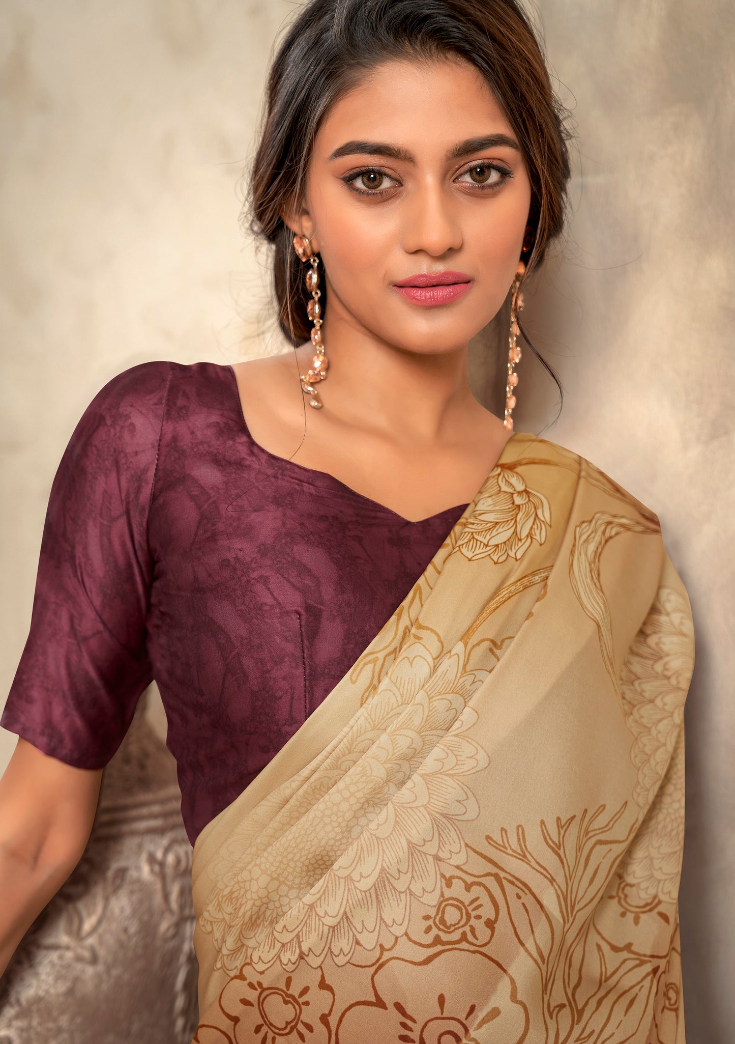 Dark cream Soft Sattin Silk With Zari Weaving Saree With Blouse