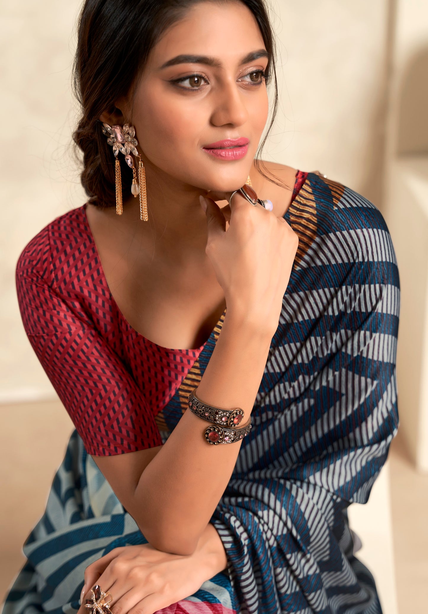 Dark navy blue Soft Sattin Silk With Zari Weaving Saree With Blouse