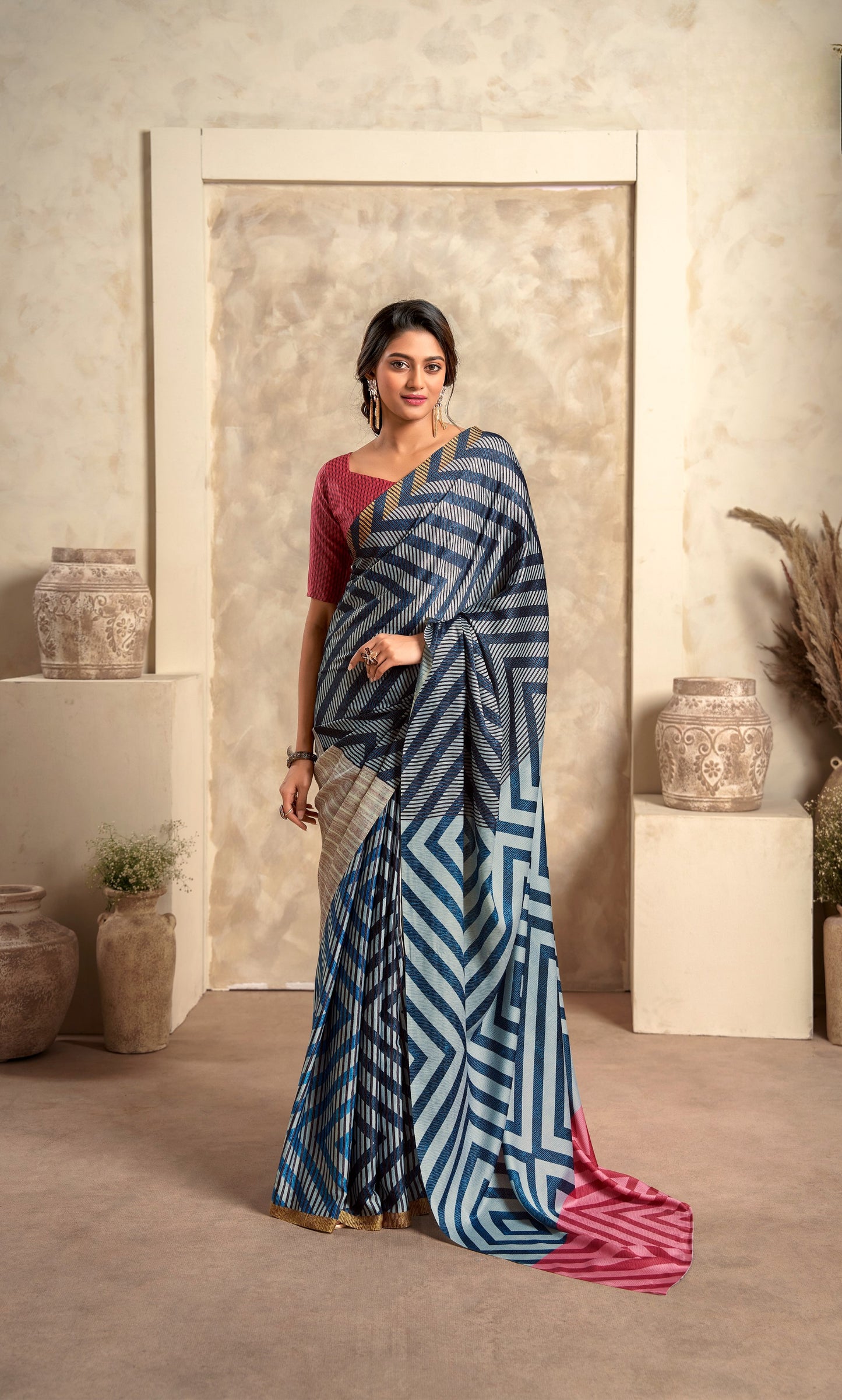 Dark navy blue Soft Sattin Silk With Zari Weaving Saree With Blouse