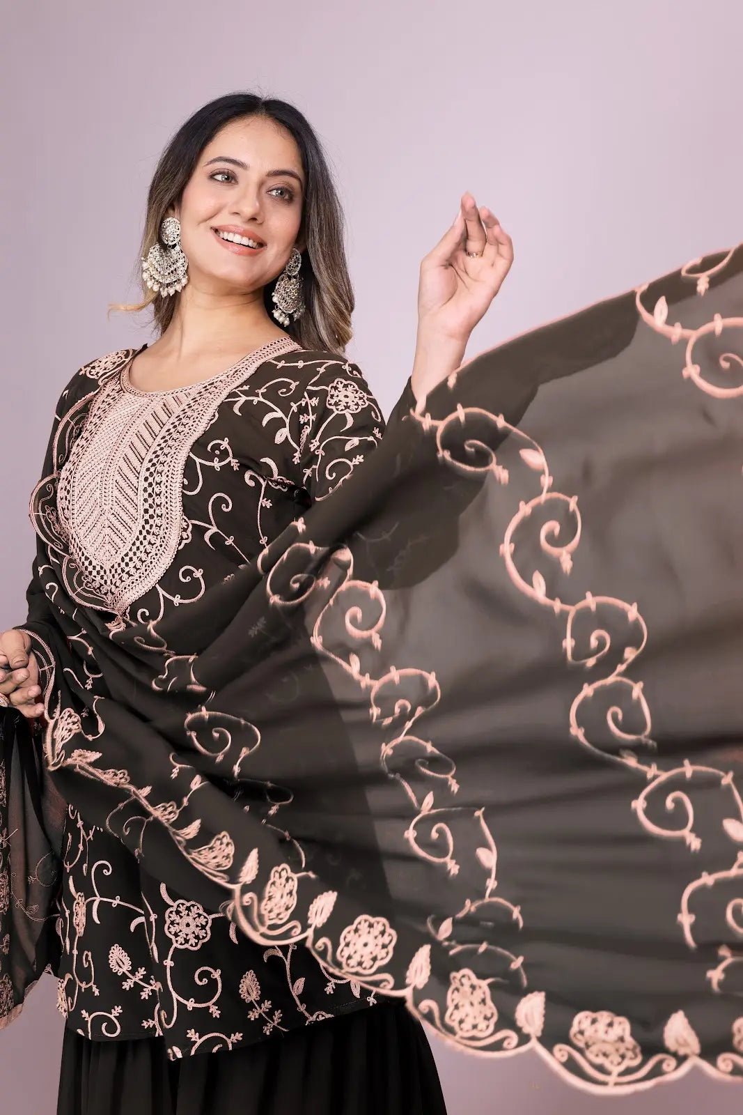 Women's Fox Georgette fabric Embroidery work Kurta with Sharara and Dupatta set 71 Black