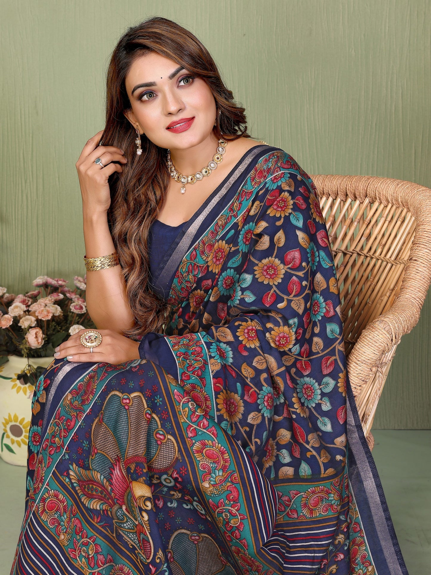 Navy Blue Printed Mal Cotton Saree With Blouse