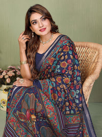 Navy Blue Printed Mal Cotton Saree With Blouse