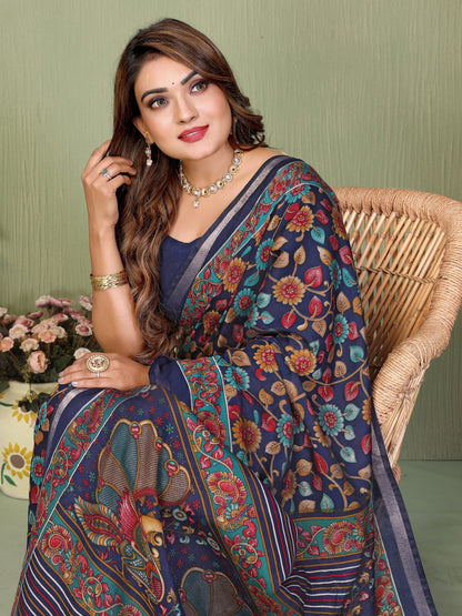 Navy Blue Printed Mal Cotton Saree With Blouse