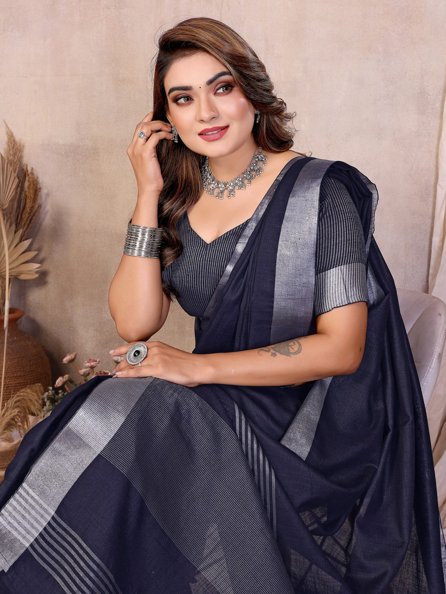 Navy Blue Weaving Linen Cotton Saree With Blouse