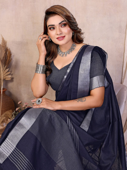 Navy Blue Weaving Linen Cotton Saree With Blouse