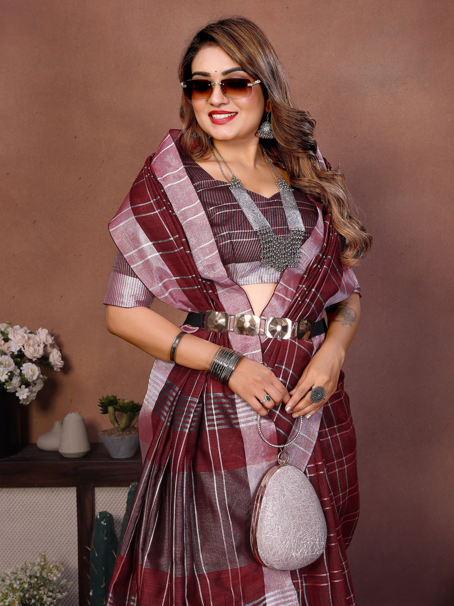 Maroon Weaving Linen Cotton Saree With Blouse