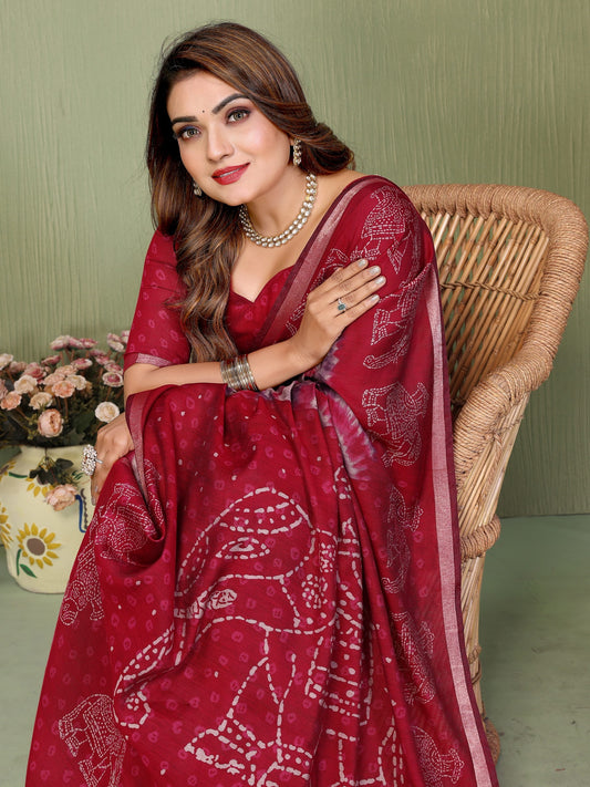 Maroon Printed Mal Cotton Saree With Blouse