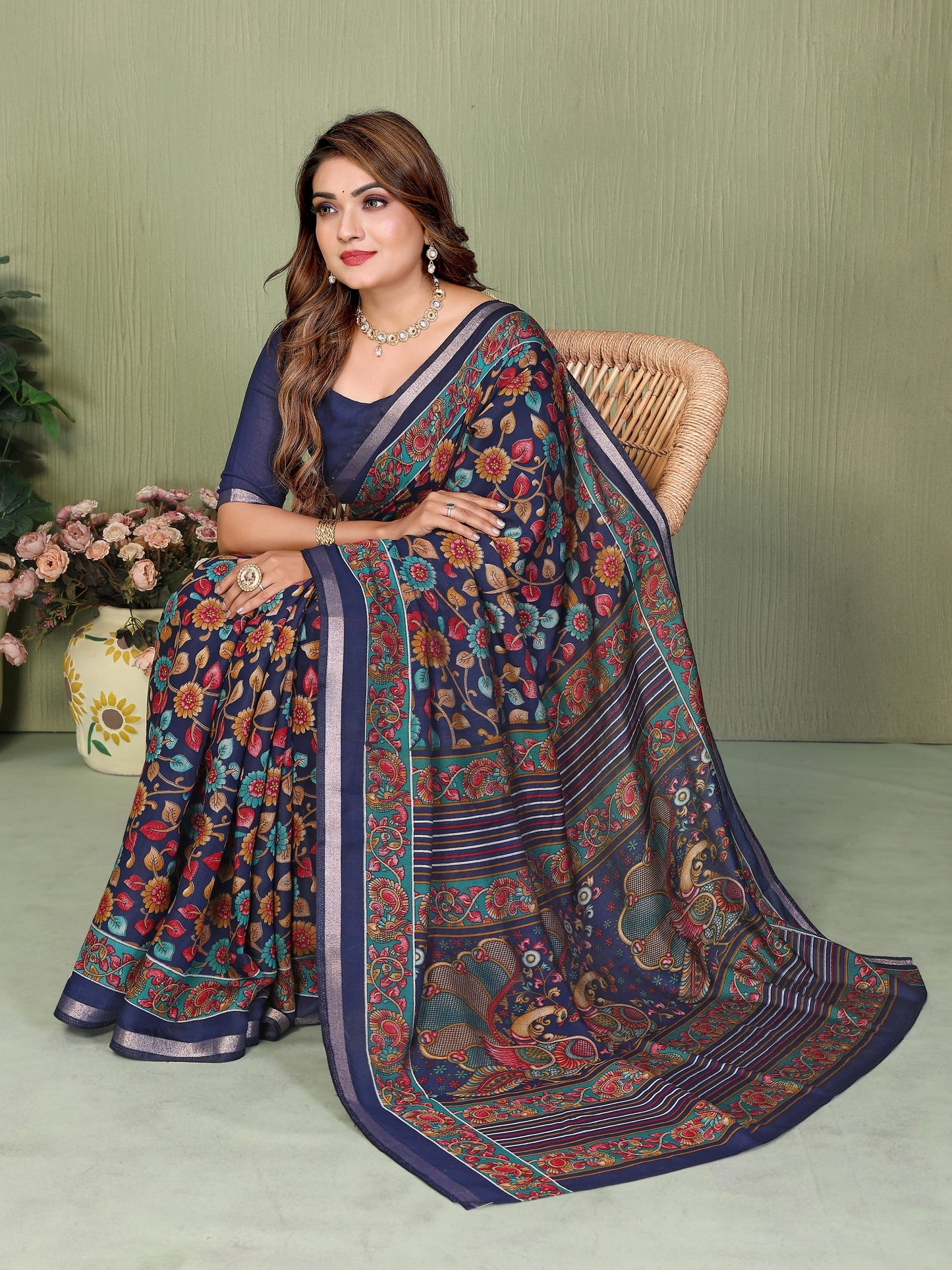 Navy Blue Printed Mal Cotton Saree With Blouse