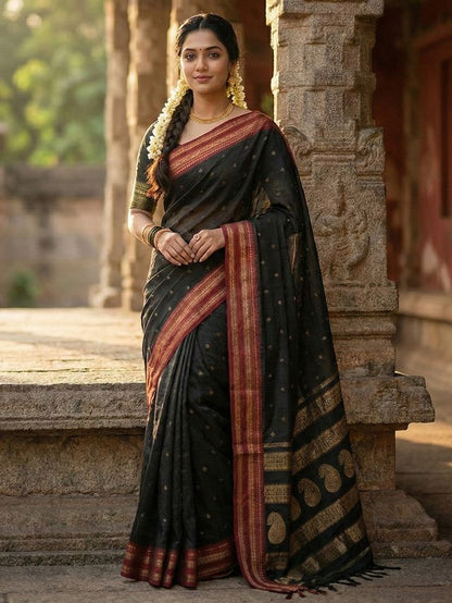 Black Color Soft Silk Fabric Woven Jari Designer Ethnic Party Looks Saree