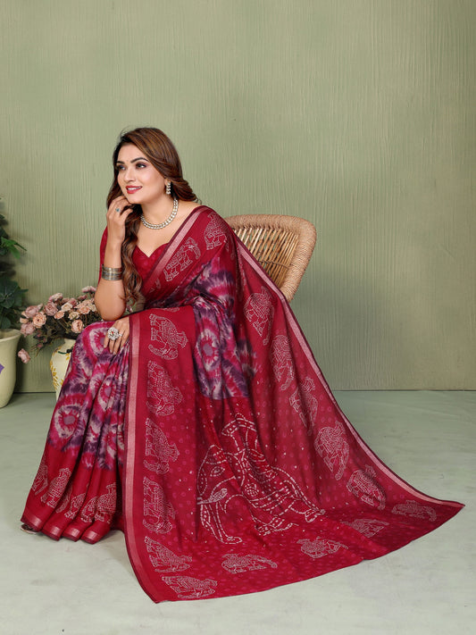 Maroon Printed Mal Cotton Saree With Blouse