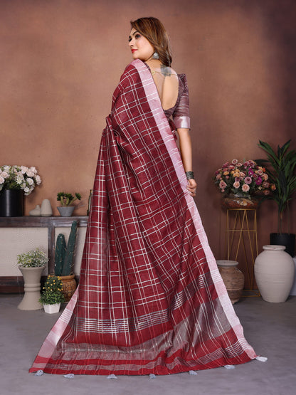 Maroon Weaving Linen Cotton Saree With Blouse