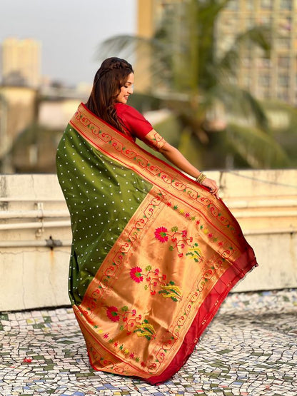 Mahendi Color Beautiful Soft Silk Woven Designer Partywear Saree