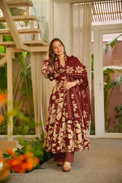 Burgundy Color Muslin Fabric Designer Printed Readymade Ceremonial Palazzo Dress