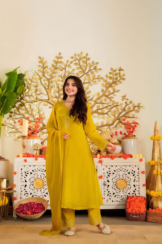 Mustard Color Beautiful Viscose Satin Fabric Designer Ceremonial Readymade Suit