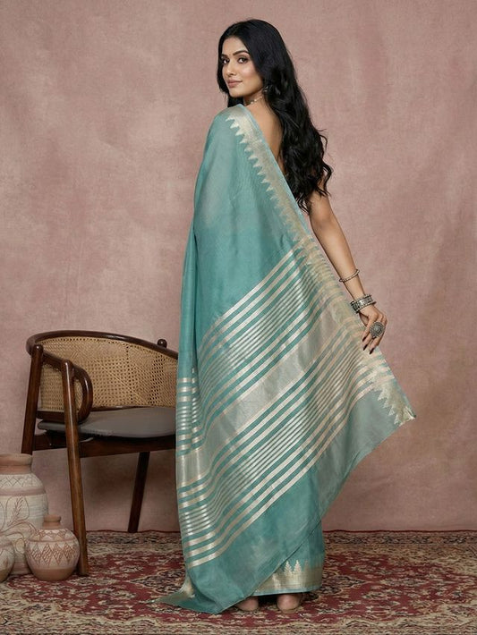 Teal Color Blended Cotton Woven Designer Ceremonial Sober Looks Saree