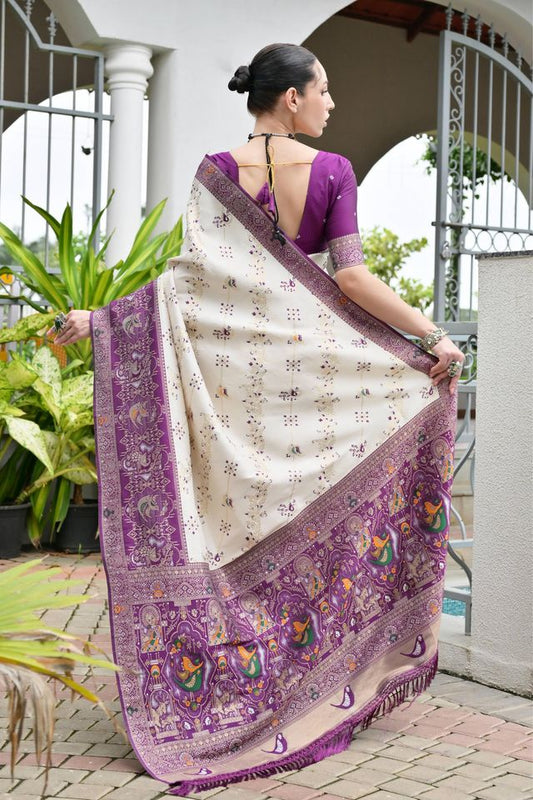Purple Color Beautiful Woven Designer Partywear Saree